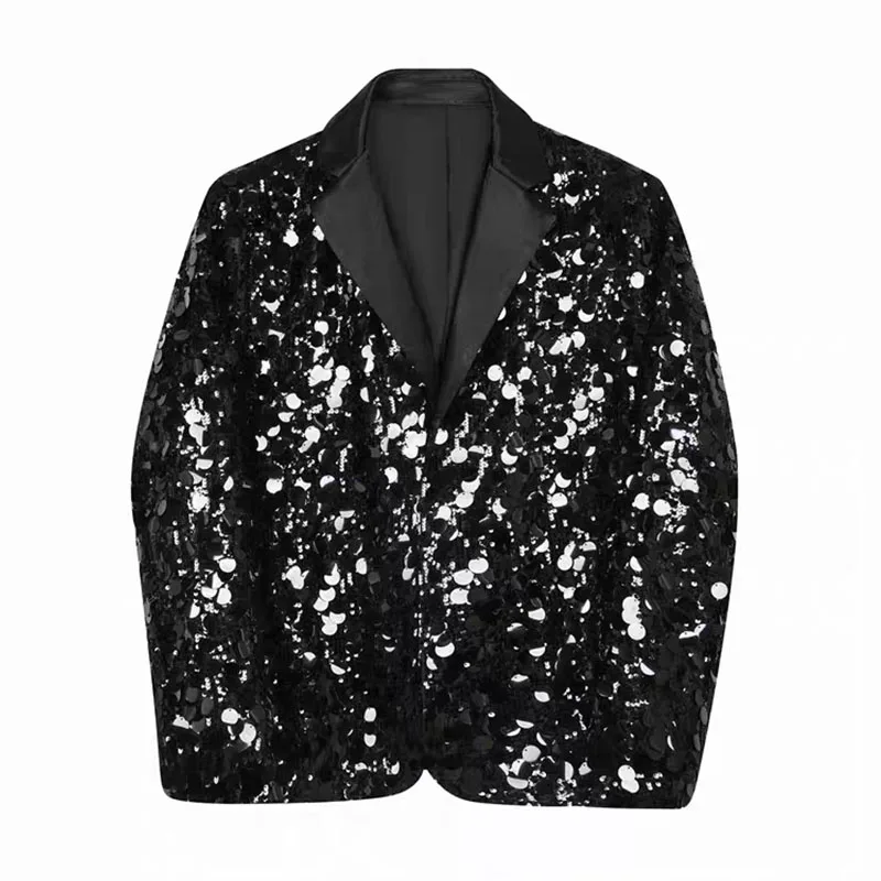 

Men Big Sequin Suit Jacket With Notched Lapel Loose Casual Black / Silver Stage Performance Blazer