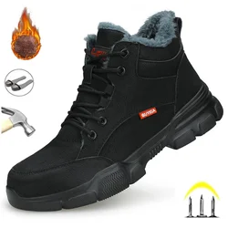 Black Leather Winter Plush Safety Work Boots For Men Waterproof Anti Nail Pressure Labor Shoes Indestructible Steel Toe Footwear