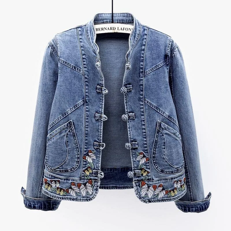 Women's Chinese Style Embroidery Denim Jacket with Mandarin Button Closure, Spring-Autumn Short Slim Fit Jacket for Daily Wear