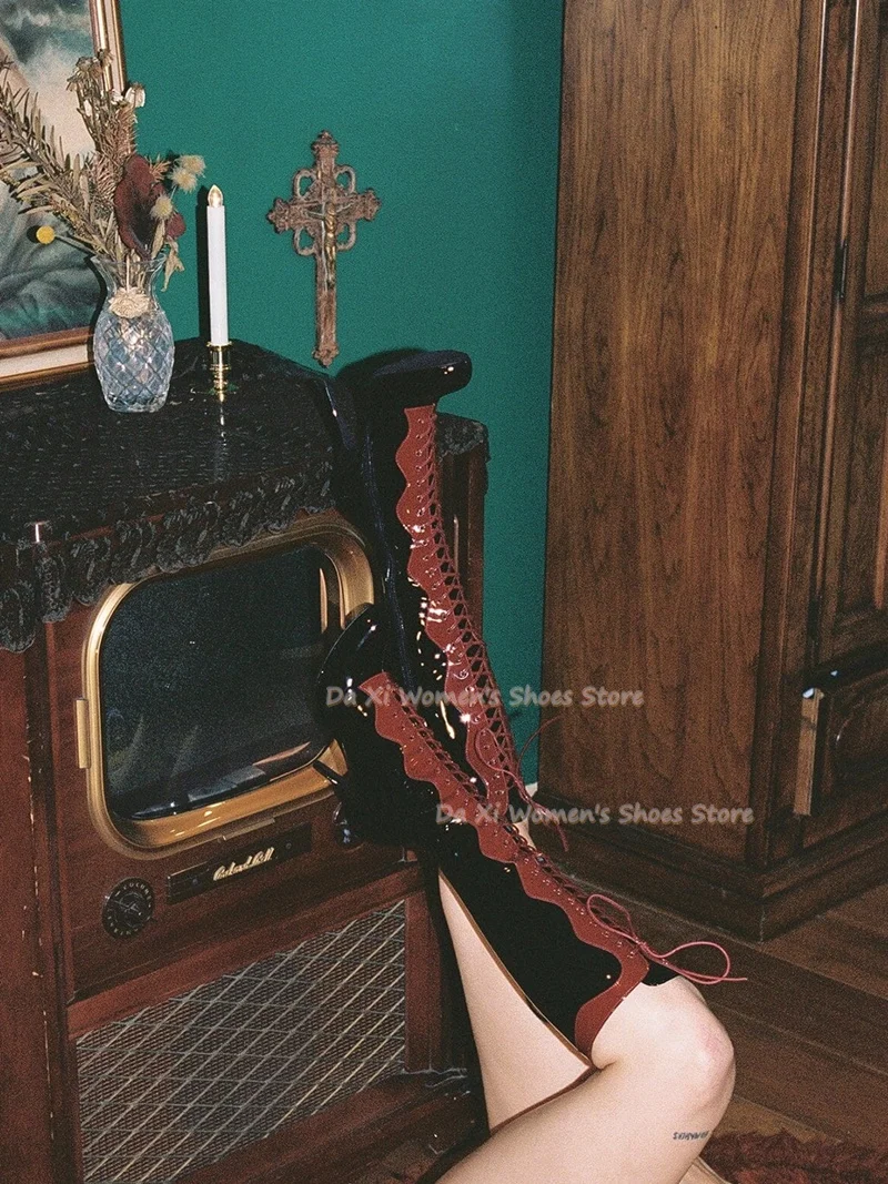 Round Head Red And Black Color-Blocking Patent Leather Knee-High Boots Lace-up Wave Cutout / Openwork Stiletto Women's Boots