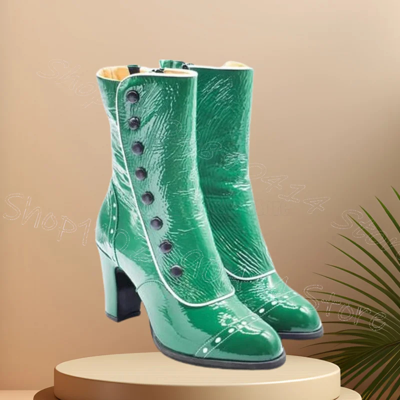 Green Button Carving Design Crack Pattern Boots Side Zipper Women Shoes Chunky High Heels Party Banquet 2026 Zapatos Para Mujere