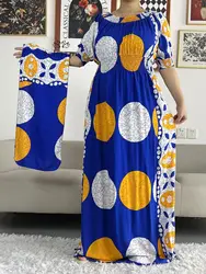 Latest African Dashiki Cotton Floral Dress Printed Short Sleeve Collect Waist Straight Loose African Women Dress with Scarf