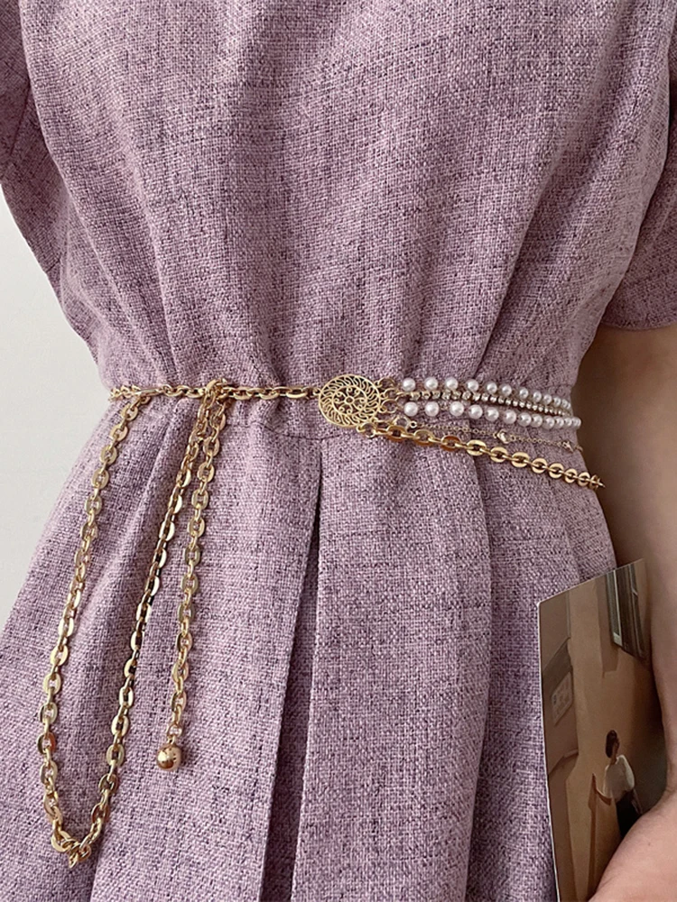 [LANMREM] Gold Metal Pearl Waist Chain Accessory Long Belt Personality Women New Fashion Tide All-match Spring Autumn 2025