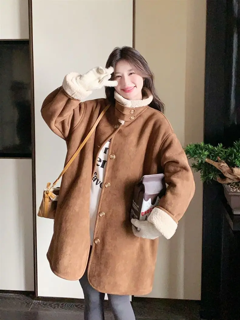 Korean Loose Little Fur One Lambswool Coat Women's Winter 2025 Stand-up Collar Thick Coat