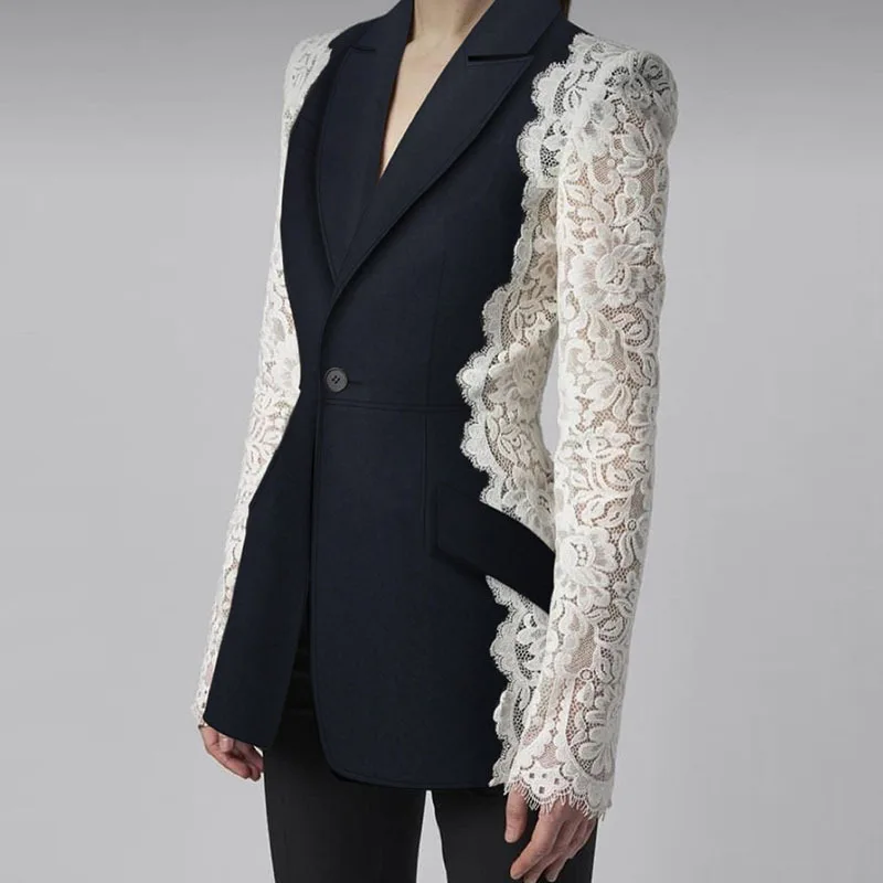 1 Piece Lace Black Women Suit Jacket Elegant French Haute Couture Splicing Colors One Button Blazer Coat In Stock