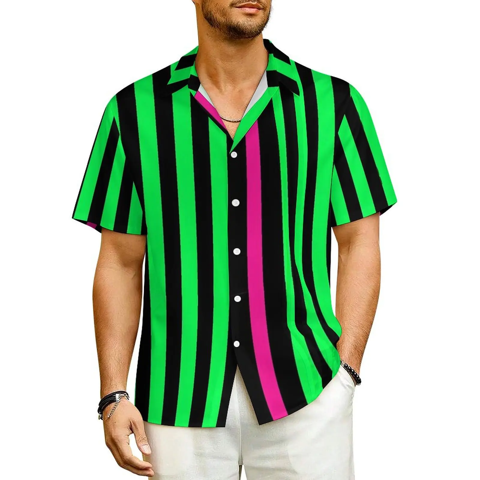 

Colorblock Hawaiian Shirt For Man Beach Neon Green Stripes Casual Shirts Short-Sleeved Harajuku Design Cool Plus Size Blouses