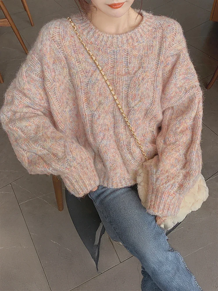 パステルピンクケーブルニットセータープルオーバー女性ティーンガール長袖クルーネック居心地の良いジャンパーソフトガールフェアリーケイ原宿衣装