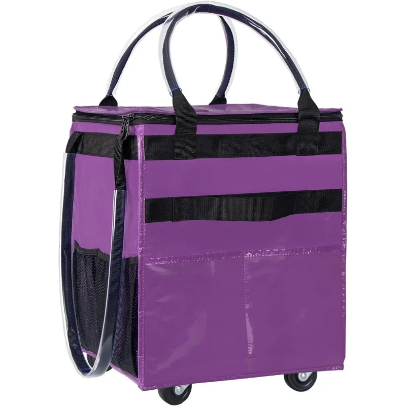 Reusable Grocery Bag On Wheels Shopping Trolley,8 Pockets and Zipper Cover Foldable Rolling Tote, Carries Up to 22 LBS