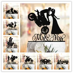 Motorcycle Wedding Cake Topper, Black Acrylic Bride and Groom Cake Topper, Funny Mr & Mrs Wedding/Engagement/Bridal Shower Party