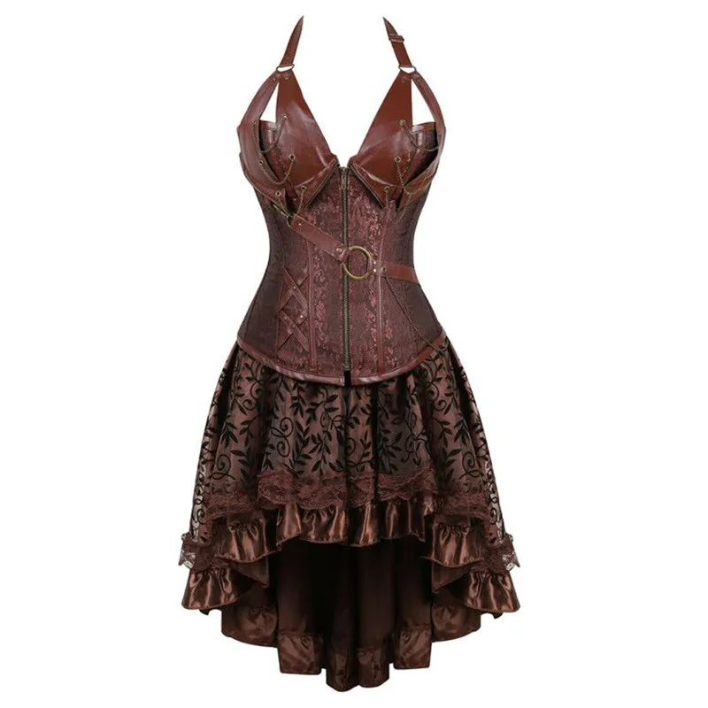 

Steampunk Corset Dress Pirate Skirts Set Victorian Women Plus Size Gothic Bustier Brown Black Hallowee Costume Burlesque