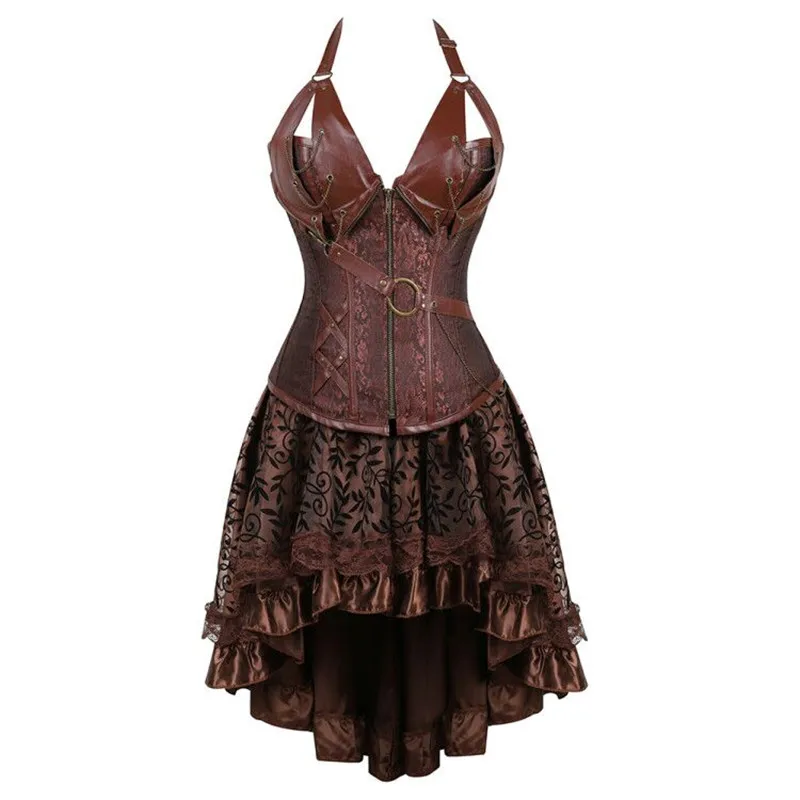 Steampunk Corset Dress Pirate Skirts Set Victorian Women Plus Size Gothic Bustier Brown Black Hallowee Costume Burlesque