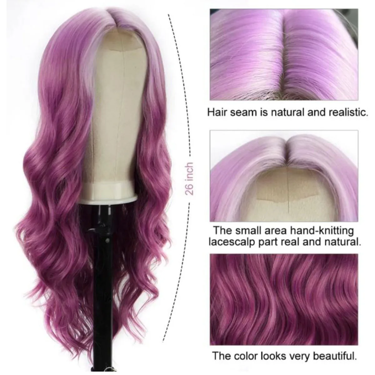 طويل متموج 4x4 الدانتيل إغلاق الجزء الأوسط شعر مستعار 26 بوصة أومبير الأرجواني شعر مستعار الاصطناعية مجعد الباروكات تأثيري حفلة للنساء مقاومة للحرارة #4