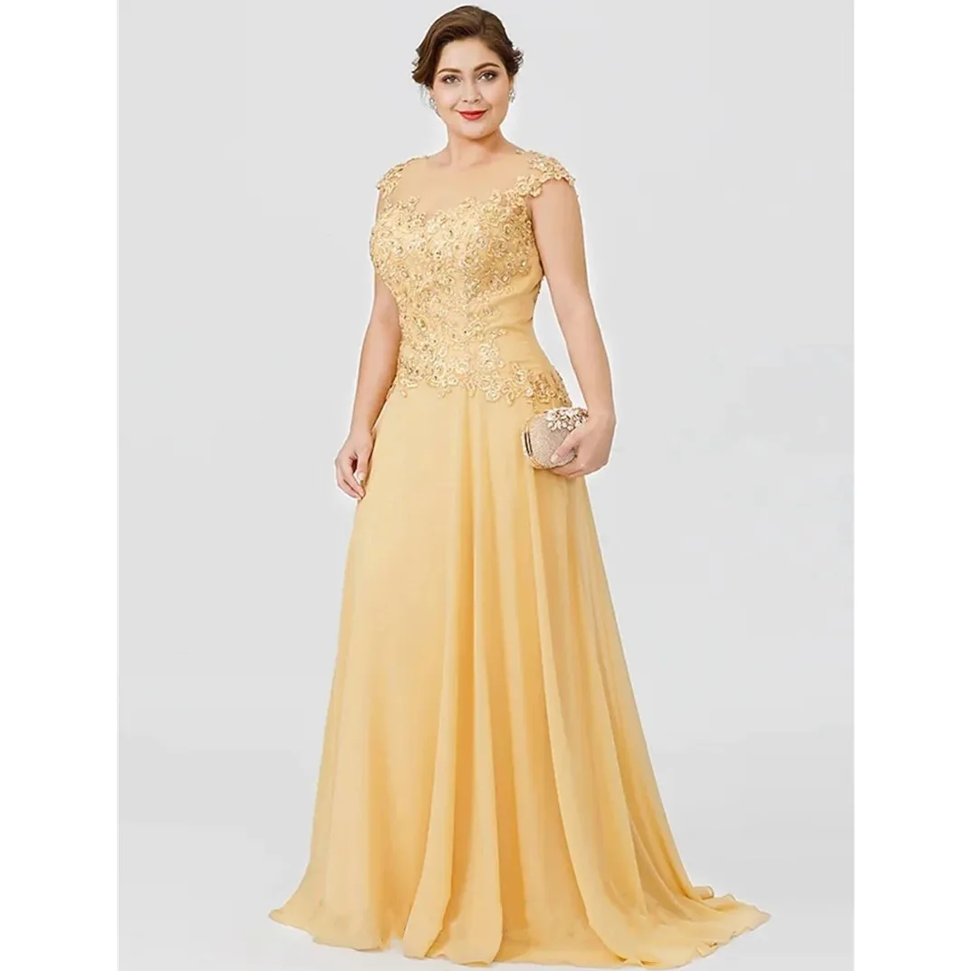 Yellow Scoop Neck Evening Dresses Appliques Mother of The Bride Dress Sleeveless Lace Formal Prom Party Dress Plus Size Vestidos