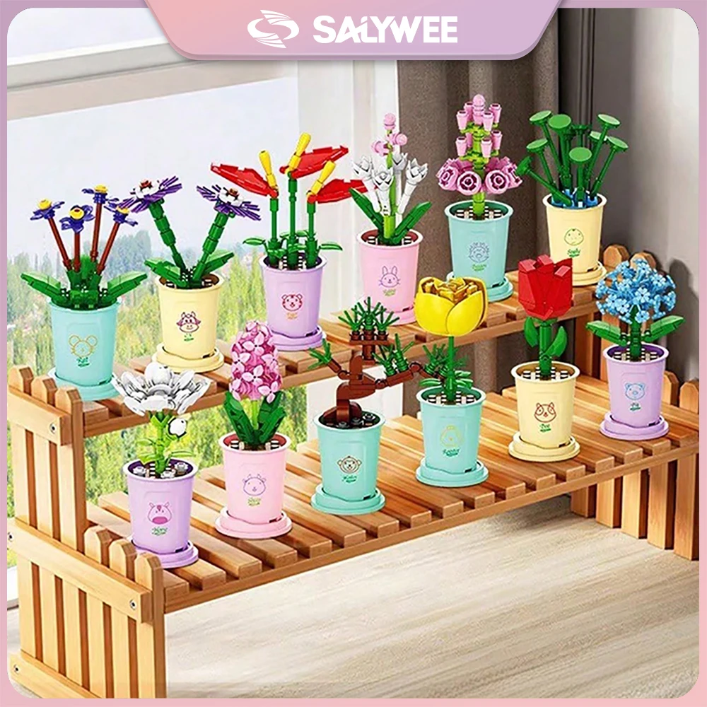 

12pcs Flower Pot Building Blocks, Miniature Bonsai Model with Plant, Creative DIY Construction Toys, Home Decor, Girls' Gifts