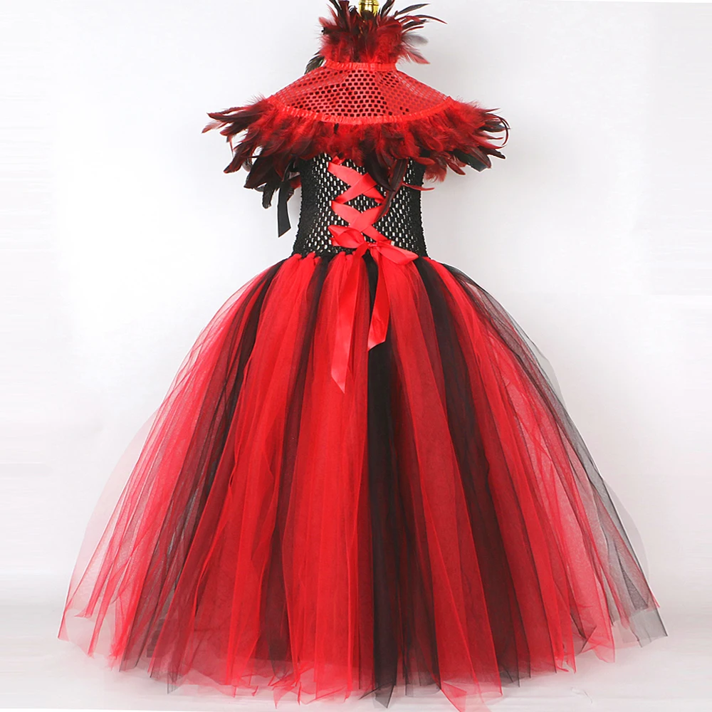 Gothic Devil Witch Halloween Costumes for Girls Demon Queen Long Tutu Dress for Kids Spider Vampire Cosplay Outfit with Feathers