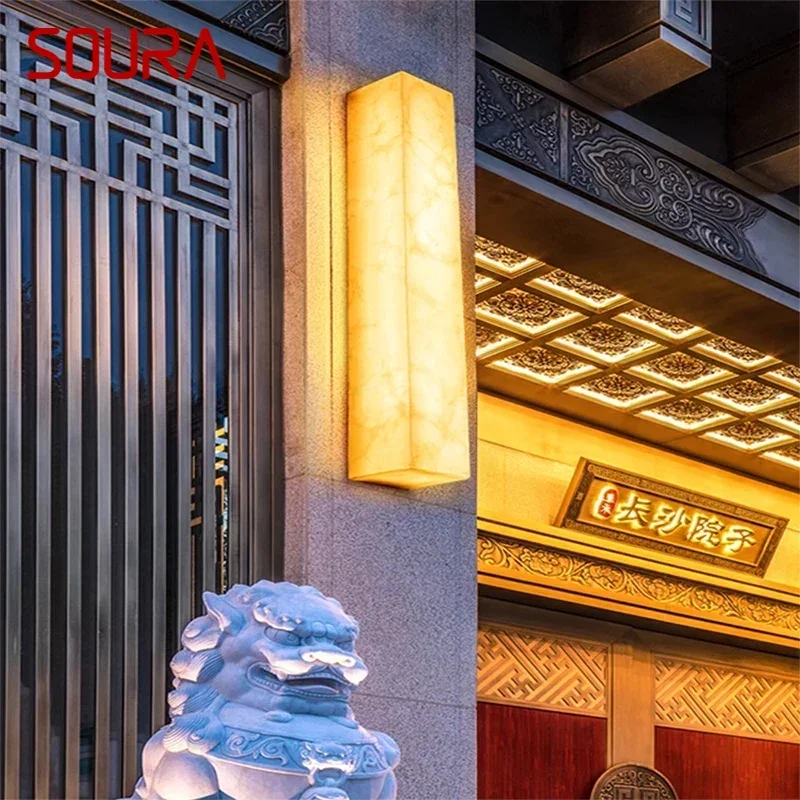 SOURA Contemporary LED Brass Marble Outdoor Wall Lamps Electric Waterproof Balcony Hallway Courtyard Villa Gate Hotel