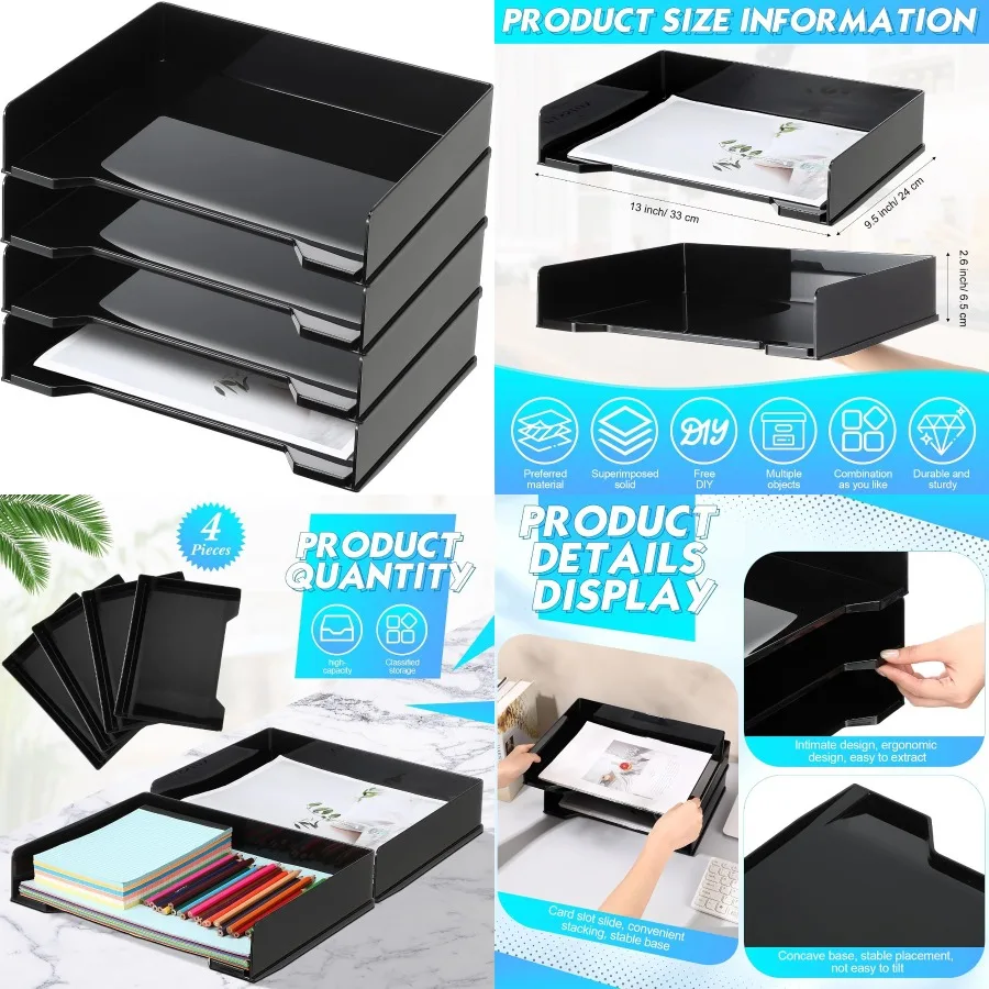 4 قطعة صينية رسائل قابلة للتكديس منظم مكتب بلاستيكي مستطيل 13x9.5x2.6 في حامل الورق ملف صينية اكسسوارات رف لـ De #1