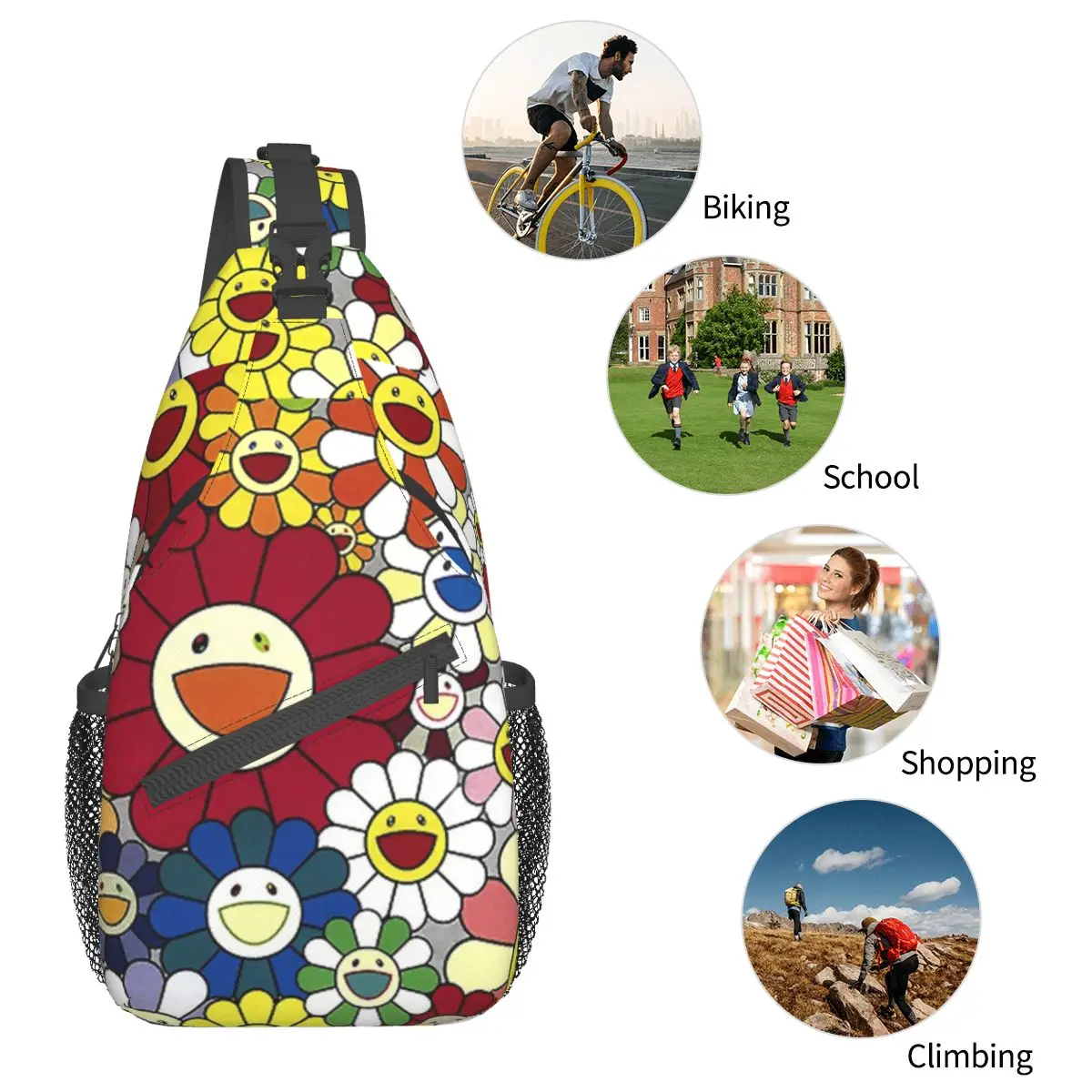 Happy Flowers Tas Selempang Pola Tas Dada Ransel Bahu Seni Bunga Matahari Daypack untuk Travel Hiking Camping