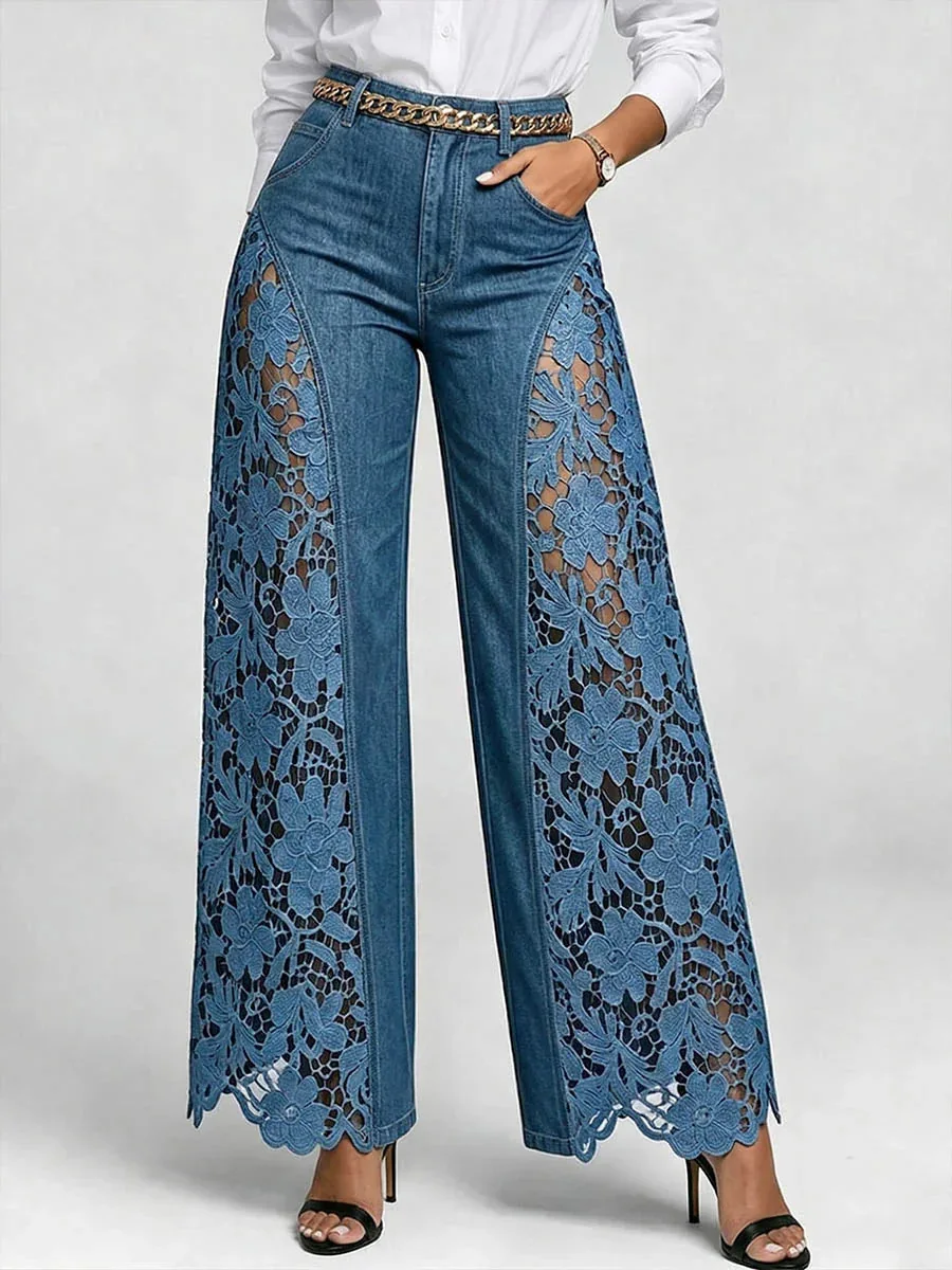High Waist Lace Patchwork Flare Jeans for Women Hollow Out Floral Crochet Wide Leg Bell Bottom Denim Pants