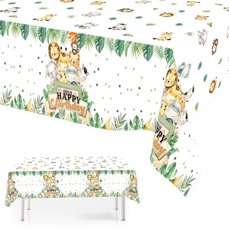 1pc Jungle Animal Plastic Tablecloth Palm Leaves Backdrop Jungle Safari Wild One First Birthday Party Decoration Table Cover