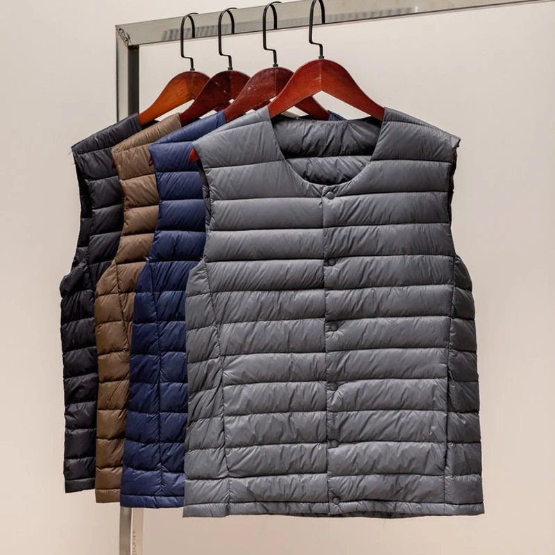 0-10 ℃   Gilet da uomo in piumino Autunno Inverno Piumini d'anatra Senza maniche Piumino Cappotto di piume Gilet antivento da viaggio all'aperto portatile