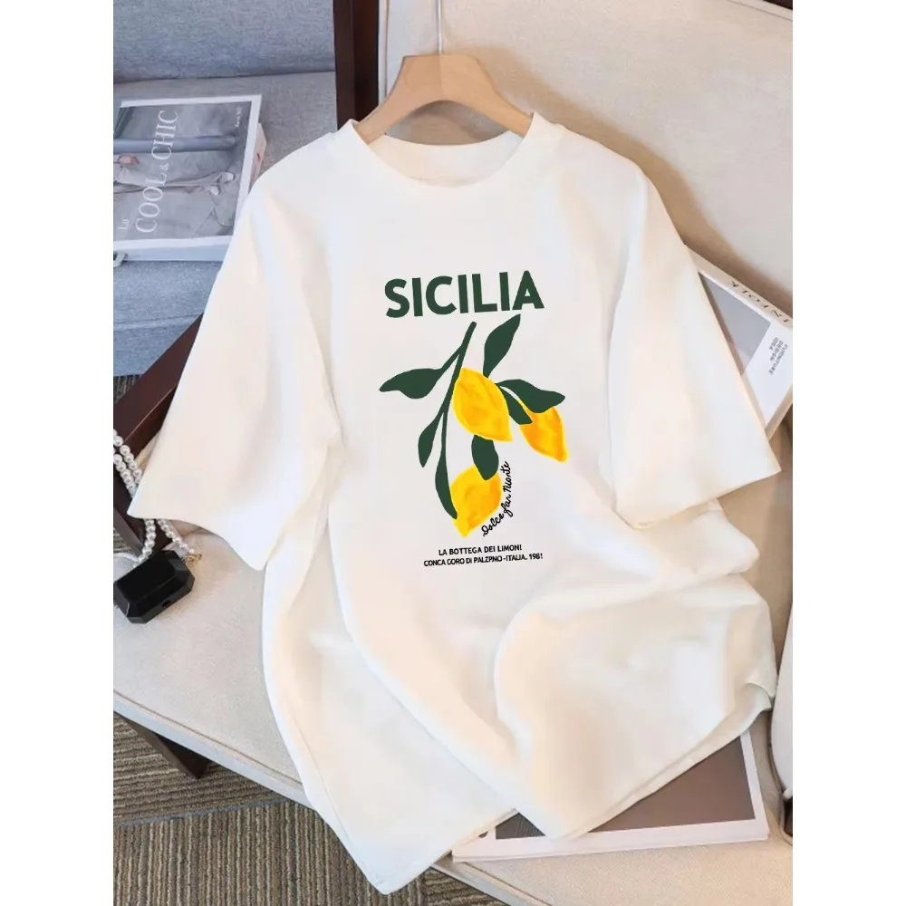 Summer Men's Women's T-Shirt Sicilia Lemon Graphic Print Tops Loose Casual Short Sleeve O-Neck Tees Streetwear Y2K Retro Style