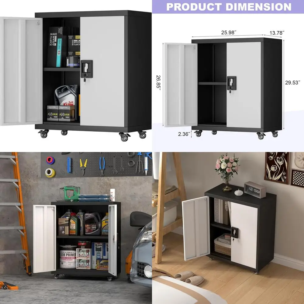 

Portable Steel Tool Cabinet with Lockable Door, Adjustable Shelves, and Wheels for Home, Office, and Garage Storage - Black/Gray