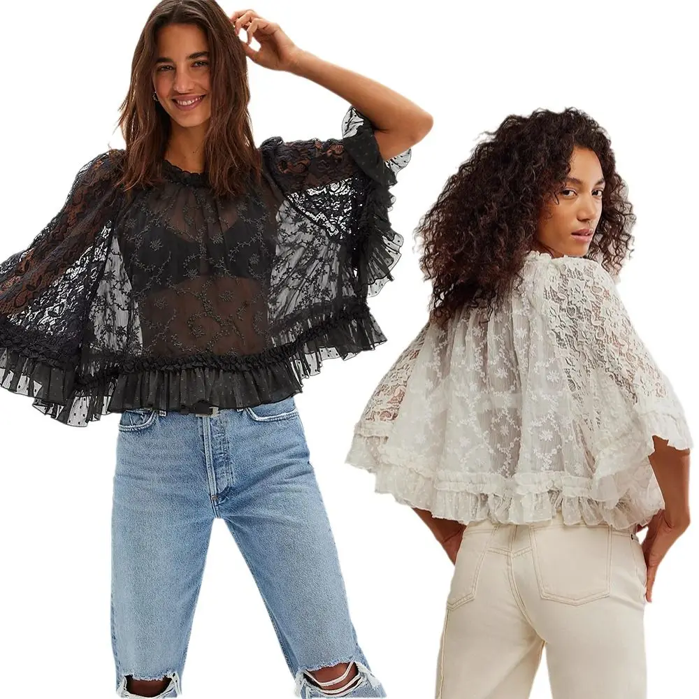 

New Y2k Long Sleeve O Neck Button Up Ruffle Trim Blouse Lace Sheer Crop Tops Going Out