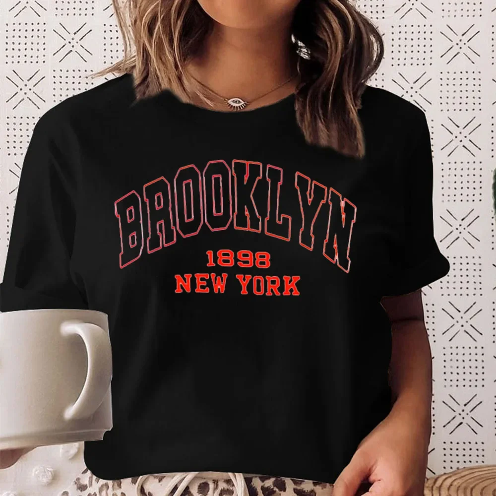 여성용 심플 프린트 티셔츠, 뉴욕 문자 티셔츠, 여성용 패션 티, 블랙 화이트 반팔, 여름 의류