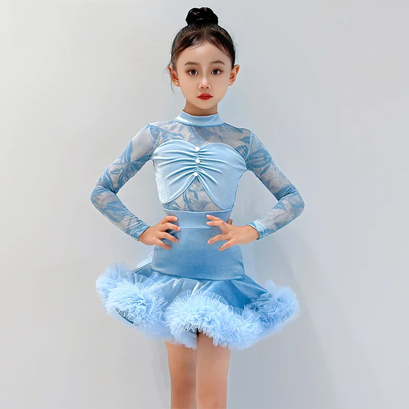sala da ballo Maglia di velluto di pizzo vestito latino ragazza danza americana rumba cha cha samba tango costume competizione pratica usura bambini Bambino