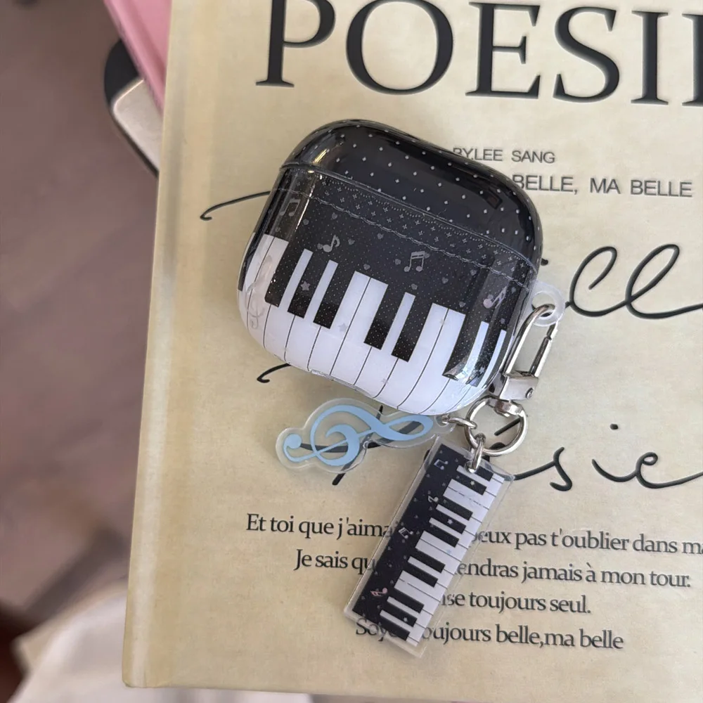 Luxury Black White Piano Keys Musical Note Dots with Keychain Protective Cover Earphone Case for AirPods 1 or 2 3 4 Pro 2 Pro 3 view 3