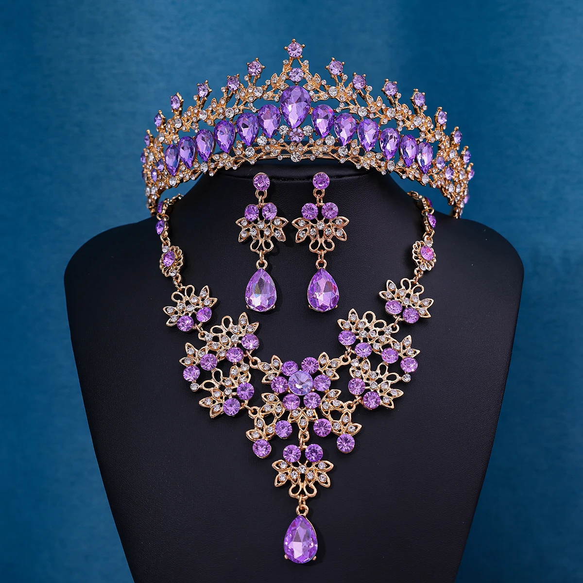 3-piece gorgeous purple princess rhinestone wedding crown headwear set