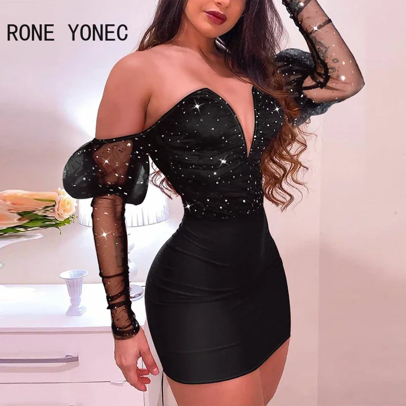 Frauen Sexy Tiefe V Neck Off Schulter Laterne Ärmeln Strass Mini Bodycon Party Schwarz Kleider