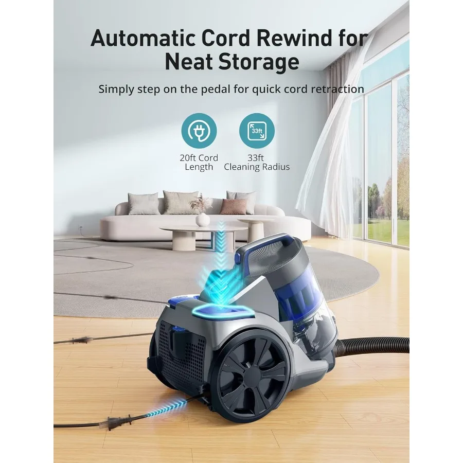 1700W Canister Vacuum Cleaner with 32Kpa Suction Power Bagless Design Featuring MultiCyclonic Filtration and Dual AntiAllergen