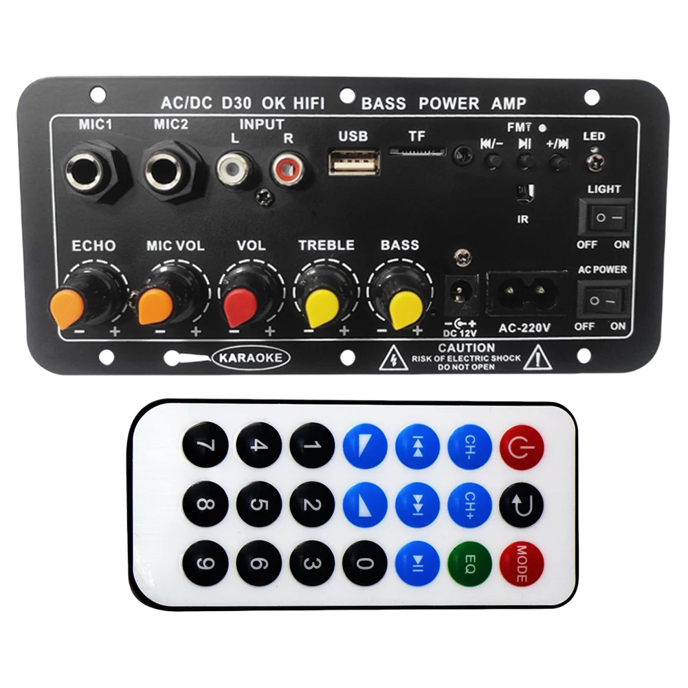 

12V 220V Stereo Sound Amp Dual Microphone Bluetooth-Compatible Powerful Audio Amplifier TF USB Digital Stereo Amplifier Board