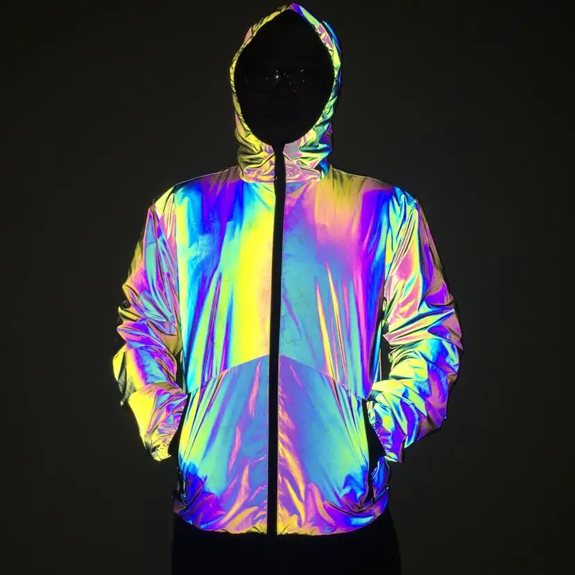 Unisex Holographic Men’s Geometric Rainbow Reflective Jacket Reflect Light Casual Coats Outfit