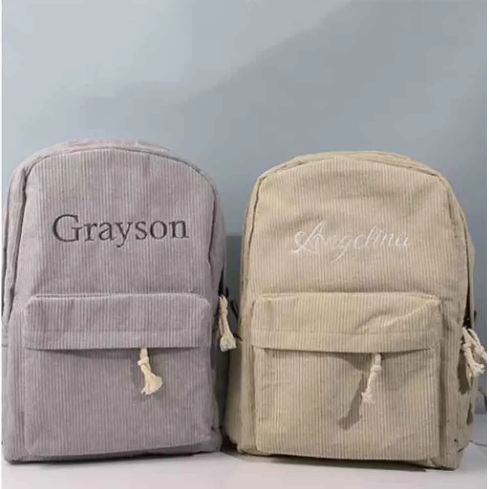 Large Capacity Corduroy Backpack Custom Embroidered Name Boys Girls Travel Bag Personalized Name Birthday Gift Shoulder Bags