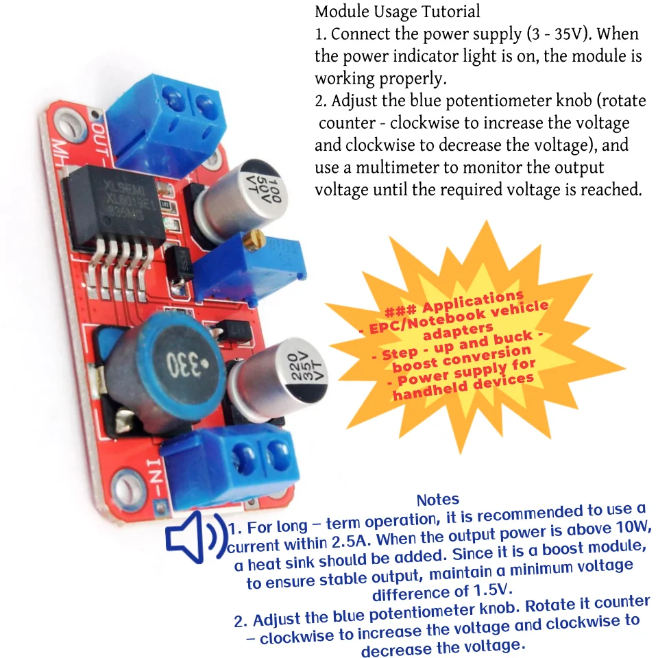 1Pc 5A DC-DC Step Up Power Module Boost Volt Converter 3.3V-35V To 5V 6V 9V 12V 24V XL6019 Adjustable Output Regulator image 4