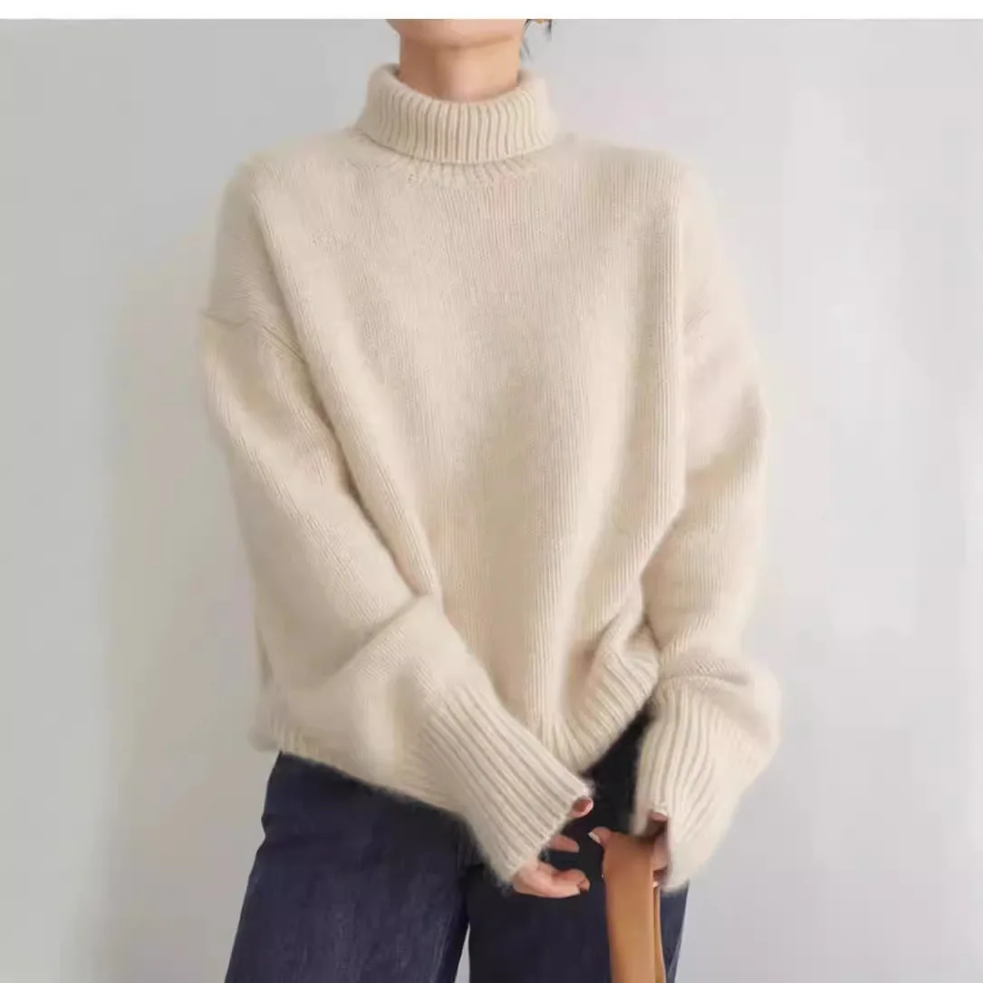 

Lazy High Neck Knitted Women, Soft Cozy Solid Color Loose Fit Inner Wear, Comfortable Korean Style Elegant Women's Sweater For