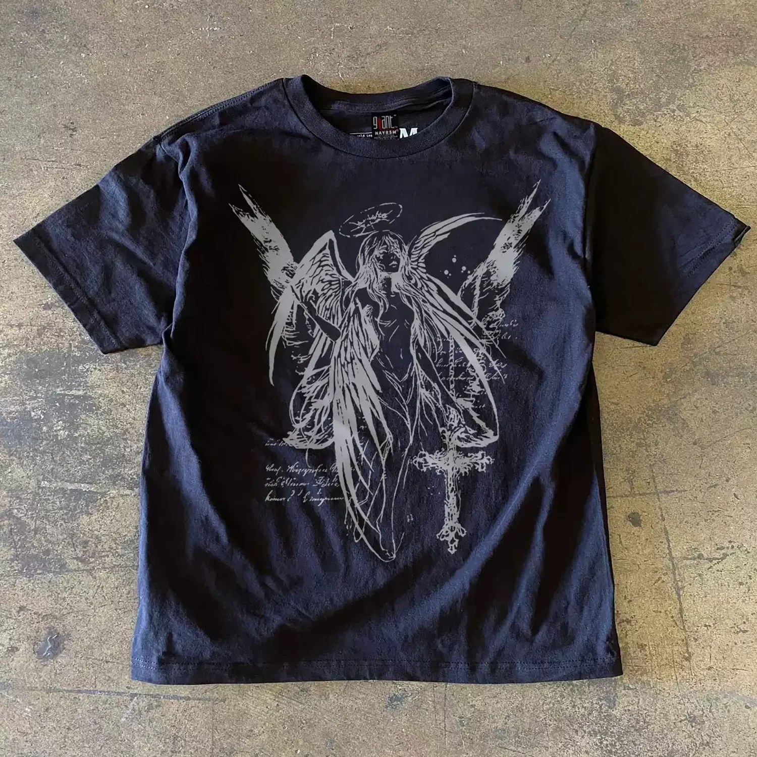 Y2K Grunge Dark Aesthetic Streetwear T Shirt for Men, Hand Drawn Vintage Line Art Angel Halo Wing & Ornate Cross Design, Oversized Crew Neck Soft Washed Cotton Casual Tops.