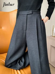 Jielur-Pantalon Droit Taille Haute pour Femme, Vêtement Décontracté, Couleur Unie, Jambes Larges, Mode Bureau, Automne