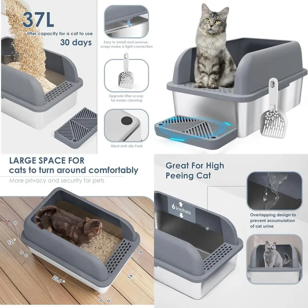 

Extra Large Stainless Steel Litter Box with Lid for Big Cats - High Walls, Non-Stick, Leak-Proof (Grey)