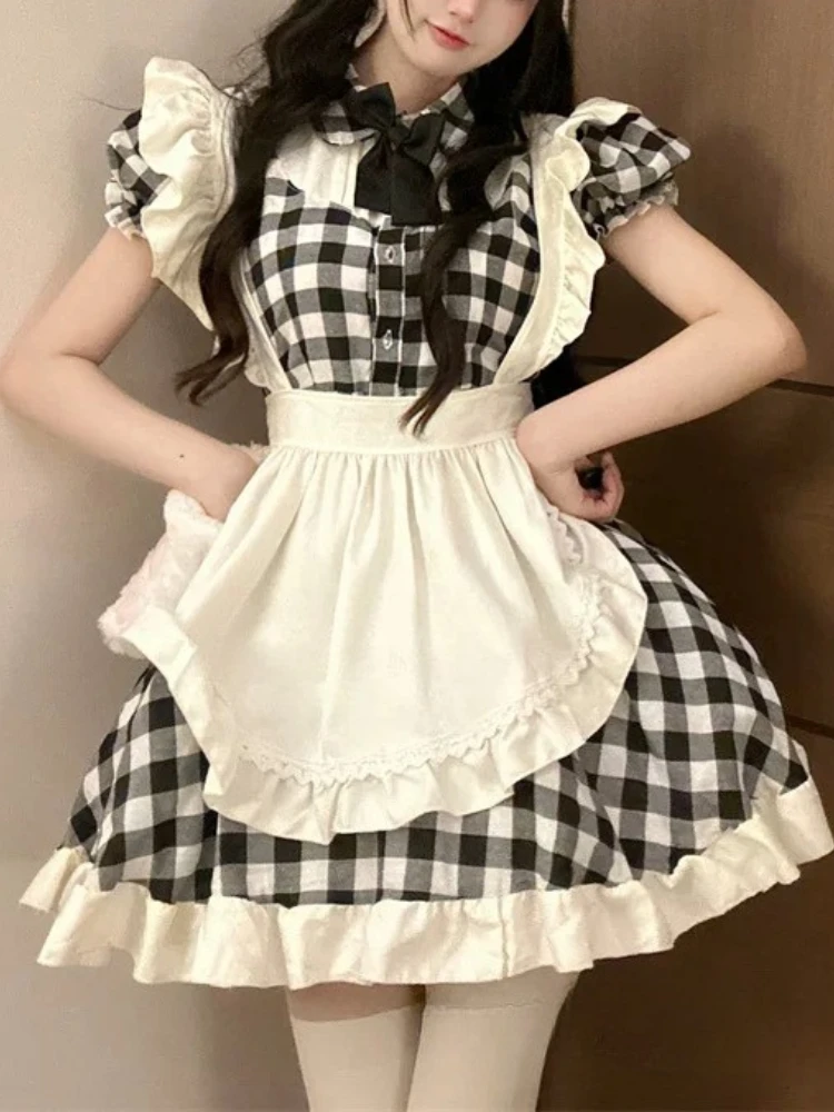 

Японское милое клетчатое платье в стиле Лолиты, женское пышное платье с бантом и рукавами-пузырьками, фартук с кружевными ремешками, новые летние костюмы Kawaii Harajuku JK