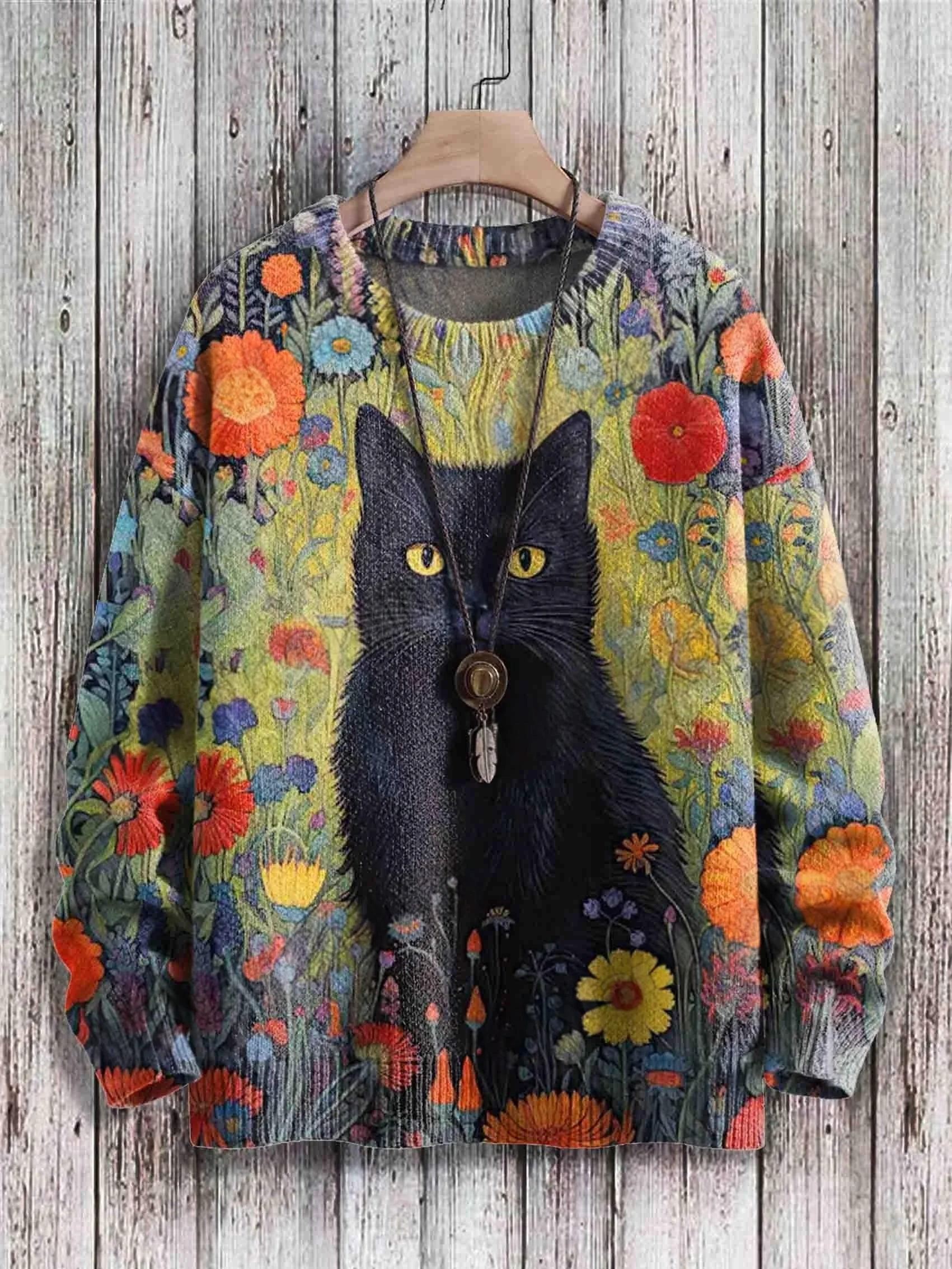 Halloween-Schloss, schwarze Katze, Geist, Retro-Kunst, 3D-Druck, Herren-Strickpullover, Winter, Unisex, lässiger Strickpullover. – Detail 5