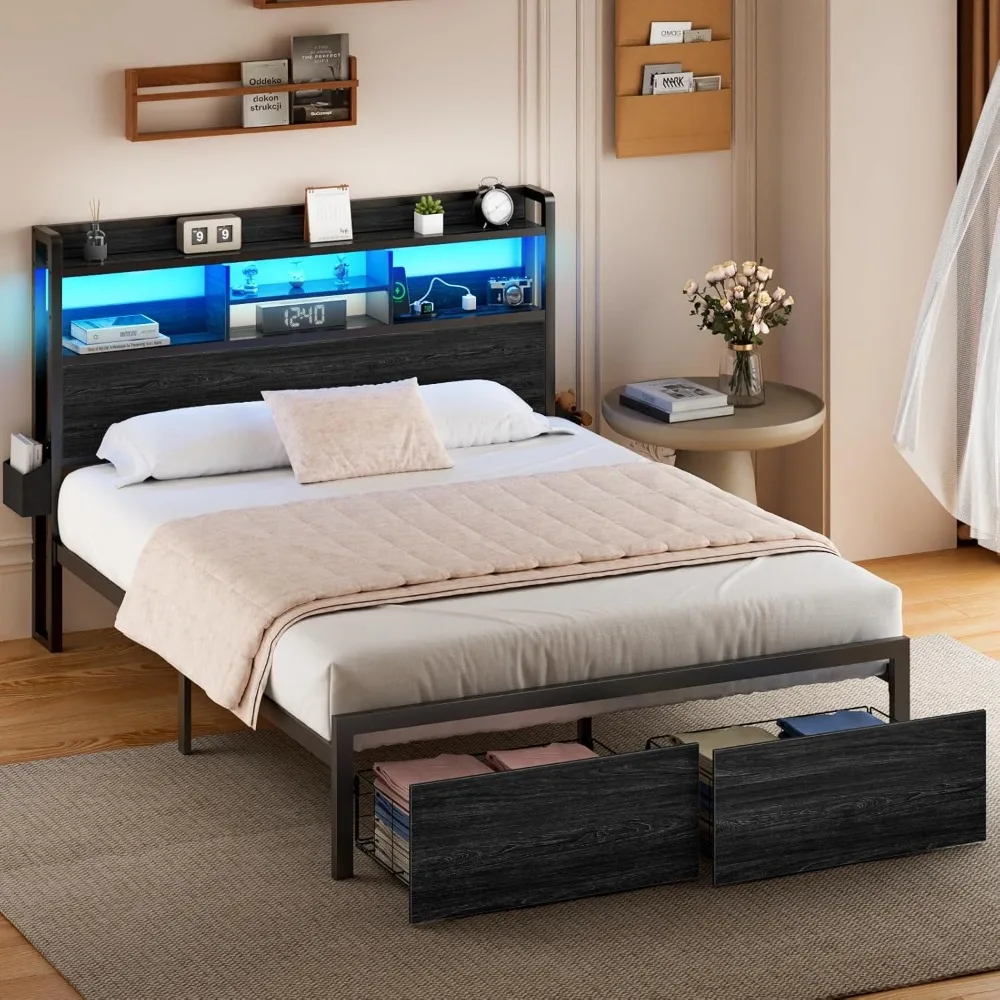 Queen Bed Frame with Wood Headboard and Storage Shelf, Metal Bed Frame with Storage Drawers, LED Lights and Charging Station