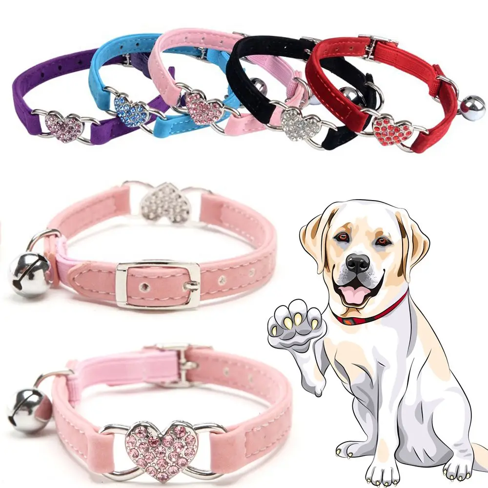 Puppy Cat Kitty Elastic Bell Heart Shape Velvet Pet Necklacce Adjustable Dog Collar