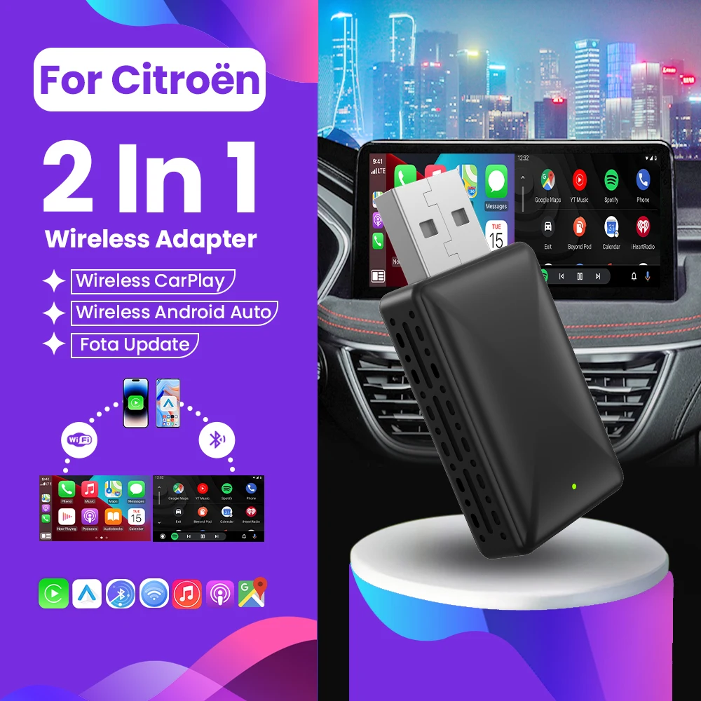 Wireless Android Auto Adapter Carplay Wireless Smart Bluetooth 2in1 Dongle For Citroёn Aircross C3 C4 C5 C6 Jumpy C3‑XR C4‑L 