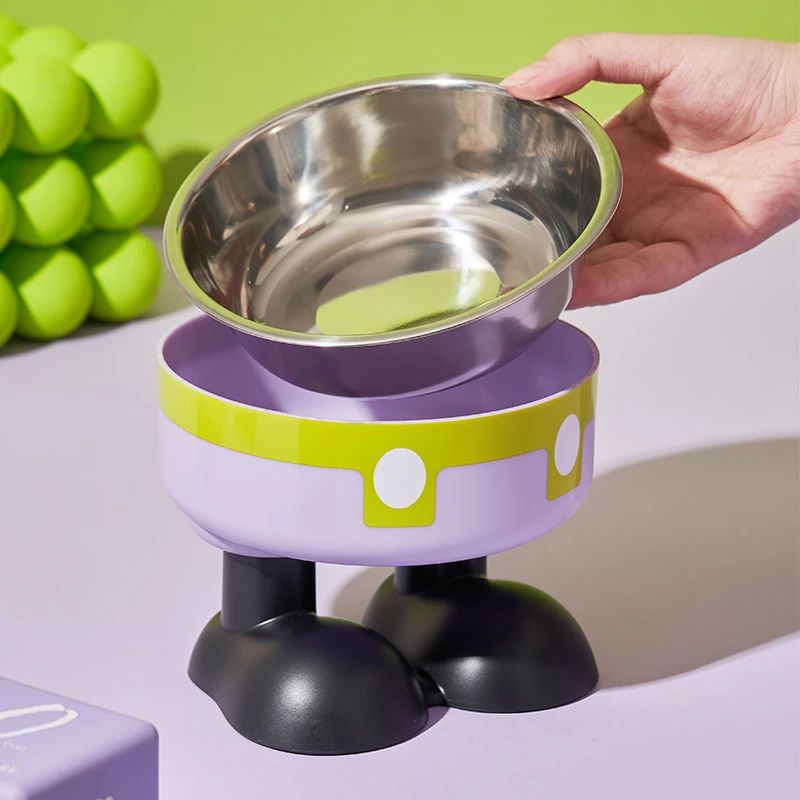 A high-legged pet bowl, colorful stainless steel large-capacity dog ​​bowl for feeding and water, neck-protecting cat bowl, anti