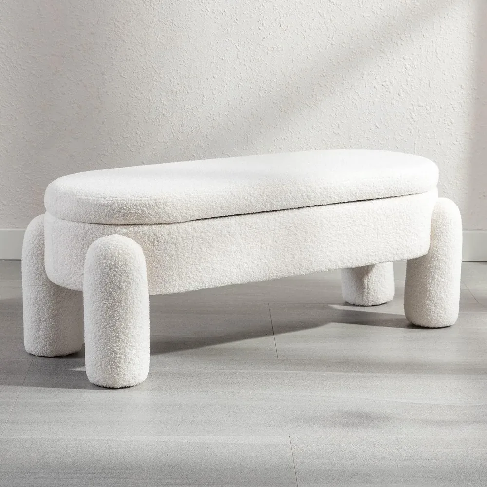 Sherpa Storage Ottoman Bench, Upholstered Fabric Storage Bench End of Bed Stool for Bedroom Living Room Entryway, 44.75 W