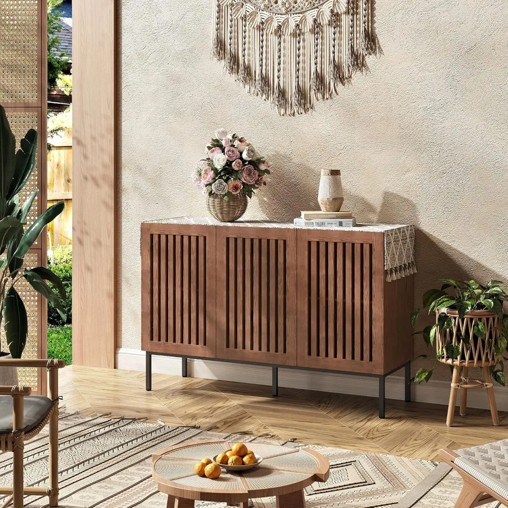 خزانة بوفيه، خزانة تخزين Credenza الحديثة مع أرفف قابلة للتعديل وقاعدة معدنية، علامة تبويب وحدة تحكم خشبية متعددة الوظائف مقاس 47 بوصة #5